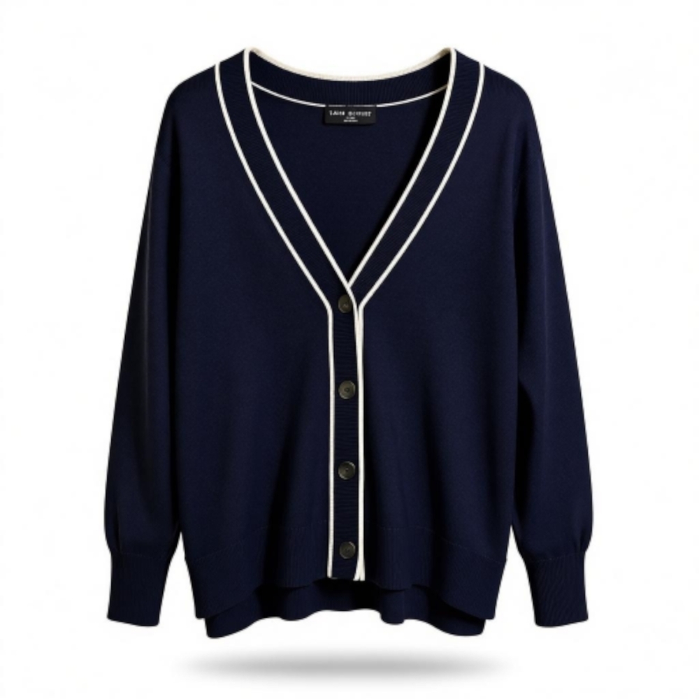 Women’s V-Neck Button-Up Cardigan Navy & White 22/24 Lane Bryant Office Preppy